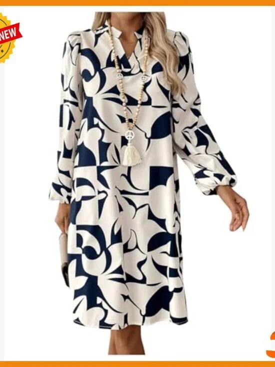 Geometric Print V-Neck Lantern Sleeve Casual Dress Polyester Long Sleeve - Picture 6 of 6
